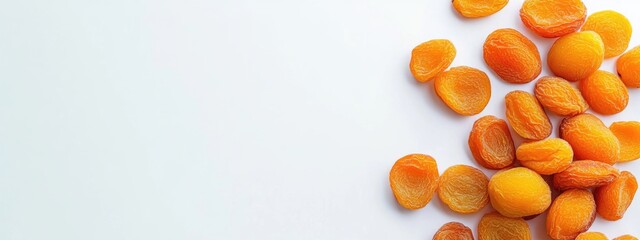 Leinwandbilder - Dried apricots arranged on a white background with ample empty space for text or branding opportunities