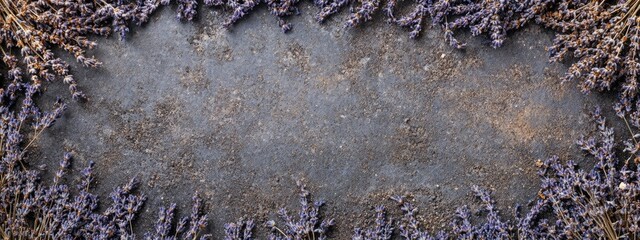 Fototapete - Dried lavender flowers arranged in a natural frame with empty space for text creating a soothing and aromatic ambiance.