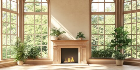 Leinwandbilder - Elegant living room with a fireplace and large windows framed by lush greenery and ample space for text placement.