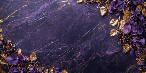 Aufkleber - Elegant Dark Purple Marble Background with Gold Accents and Floral Arrangement Ideal for Text Overlay or Stylish Design Projects