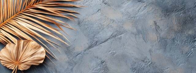 Fototapete - Dried palm leaves arranged on a textured gray stone background with ample empty space for text and design elements.