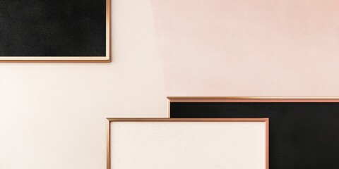 Poster - Elegant geometric rose gold frames with black corners over soft pastel backgrounds ideal for promotional or artistic text placement.