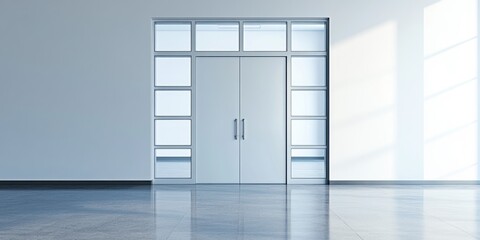 Leinwandbilder - Modern Glass Office Entrance with Silver Handles and Clear Copy Space for Creative Design Applications