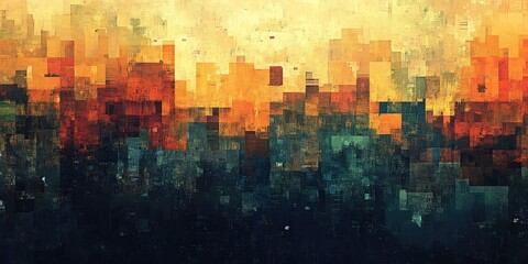 Fototapete - Abstract Colorful Digital Mosaic Cityscape Background with Empty Space for Text or Artwork