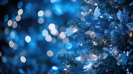 Poster - Festive Christmas tree close up with blue decorations and sparkling lights against a blurred bokeh background for holiday celebrations.
