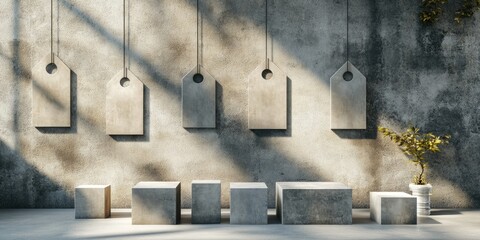 Leinwandbilder - Modern Minimalist Presentation of Concrete Blocks and Tags against Textured Wall with Natural Light and Empty Space for Customization