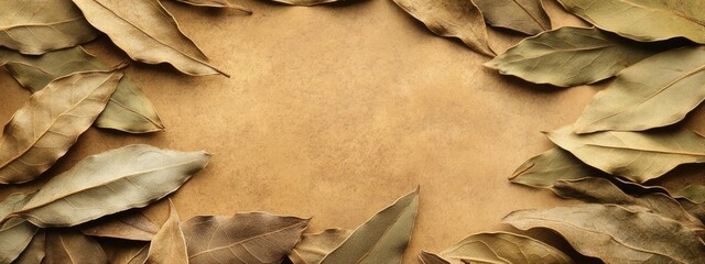 Fototapete - Dried Bay Leaves on Brown Surface with Empty Space for Text in Culinary Context