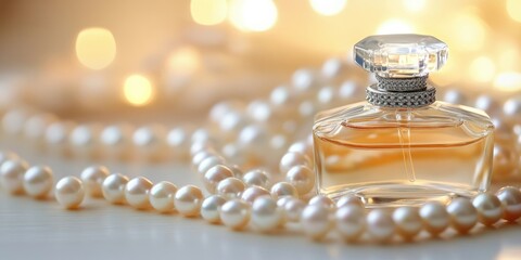 Aufkleber - Elegant arrangement of pearls and perfume bottle with warm bokeh background and ample copy space for branding or text overlay