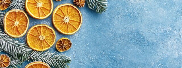 Poster - Dried orange slices arranged with evergreen branches creating a festive holiday decoration with ample space for custom text
