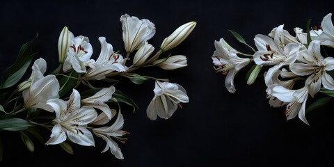 Poster - Elegant white lilies arranged artistically against a dark background with ample space for text or captions in a refined floral composition.