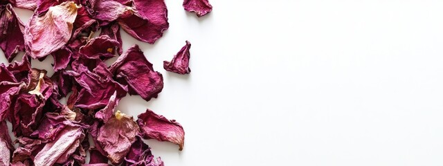 Aufkleber - Dried pink rose petals on white background with blank space for text or design element enhancing romantic or natural themes