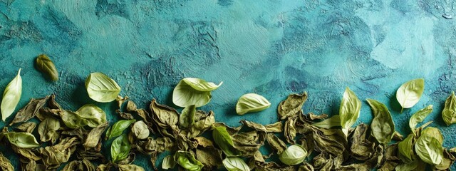Aufkleber - Dried basil leaves arranged on a textured surface with empty space for text or labeling in culinary or herbal themes