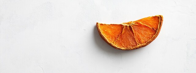 Poster - Dried orange slice on white surface with ample space for text or design elements ideal for food and beverage themes