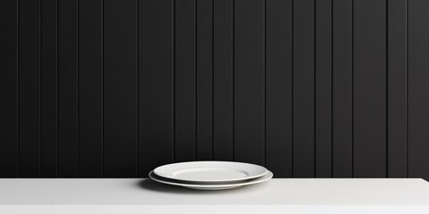 Aufkleber - Elegant Dining Table Set on White Surface with Empty Space for Text Against a Stylish Black Paneled Wall Background