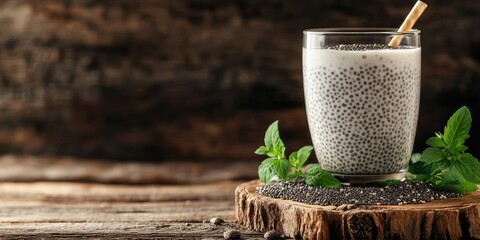 Poster - Chia seed glass with creamy milk on rustic wooden background showcasing fresh mint and ample copy space for text or design elements