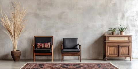 Aufkleber - Stylish display of handcrafted furniture with modern decor elements and ample space for text in a contemporary setting