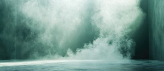 Fototapete - Misty green abstract studio space with fog and smoke for minimalistic design, ideal for text placement and mysterious ambiance.