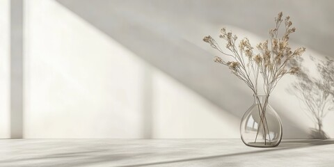 Aufkleber - Elegant glass vase holding dried flowers casting shadows on a minimalist blank wall with ample copy space for text or design elements