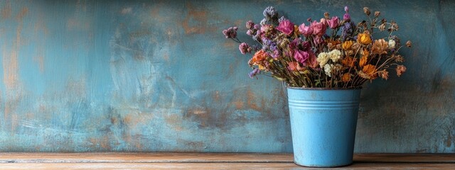 Wall Mural - dried flowers in a blue bucket on a wooden table with a textured blue background and ample empty spa
