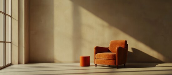 Poster - Moody minimalistic home interior design with orange side table and velvet armchair in soft muted colors and ample empty space for text