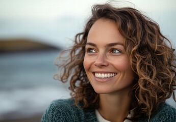 Canvas Print - A woman with curly hair is smiling and looking out at the ocean