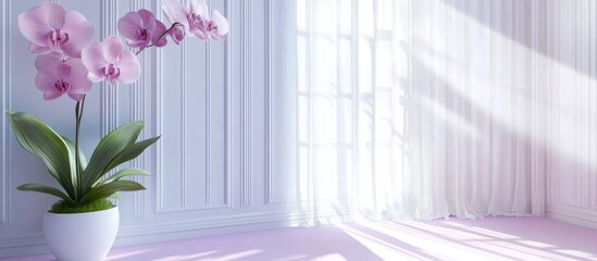 Fototapete - Elegant bedroom interior featuring white curtains, paneled walls, lavender flooring, and an orchid plant with space for personalized text.