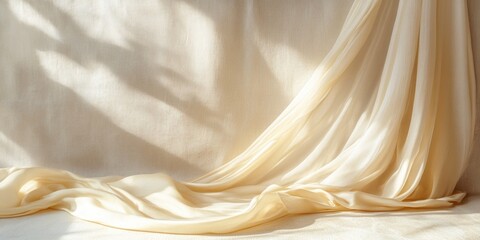 Poster - Elegant fabric drapes softly on a minimalist backdrop creating a serene ambiance with ample space for text or design elements.
