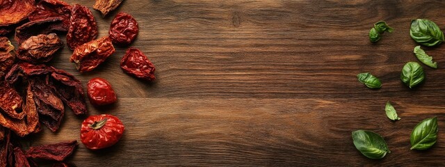 Fototapete - Dried tomatoes and fresh basil on wooden table with empty space for text perfect for culinary and recipe themed design necessidade.