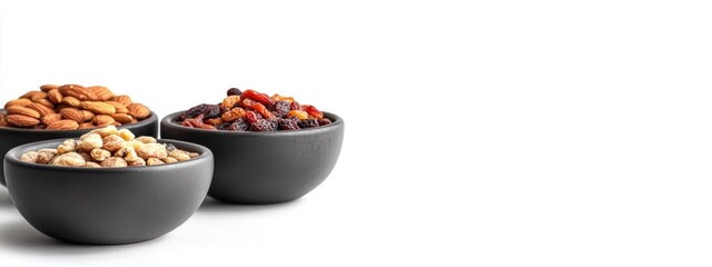 Leinwandbilder - Dried fruits and nuts in elegant bowls on white background with ample space for text and design elements