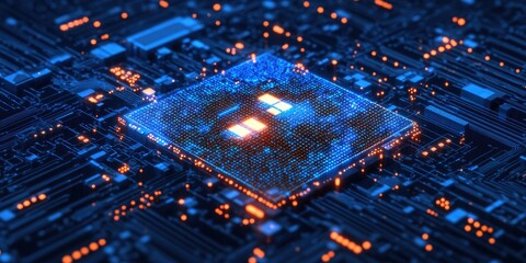 Fototapete - Futuristic Digital Circuit Board Design for AI Business Metrics with Customizable Space for Text and Data Insights
