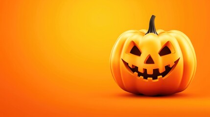 Poster - Smiling Halloween pumpkin on bright orange background perfect for themed banners posters and website advertising with ample copy space