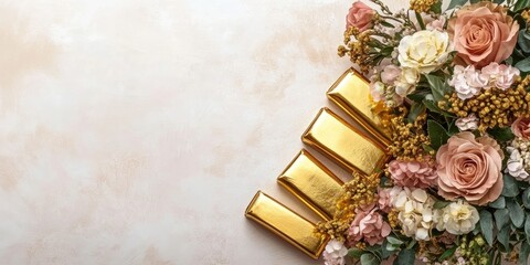 Aufkleber - Elegant Floral Arrangement with Antique Gold Bars on Neutral Background for Text Placement