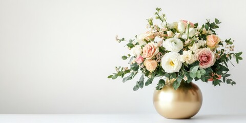 Aufkleber - Elegant flower bouquet in gold vase on minimalist white background with ample space for adding custom text or messages.