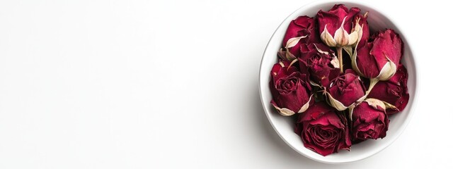 Leinwandbilder - Dried red roses in a white bowl on a minimalist background with ample copy space for text and artistic presentation.