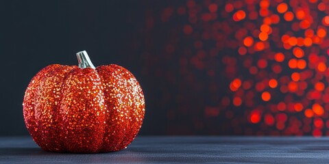 Aufkleber - Glittering orange pumpkin decoration on dark background with bokeh effect and empty space for Halloween themed text or design elements