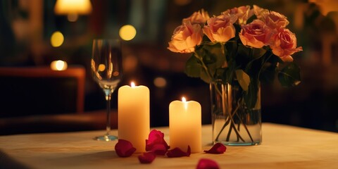 Poster - Elegant dining table with candles and flowers creating a cozy ambiance and empty space for text for invitations or promotional materials