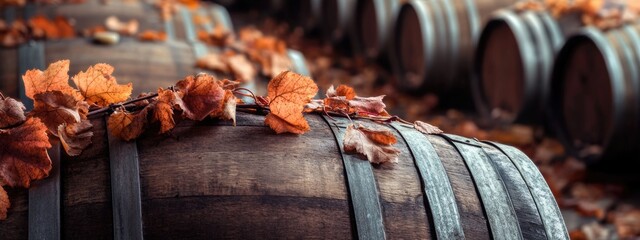 Poster - Dried vines on wine barrels in a cellar creating a rustic ambiance with ample empty space for text or branding purposes