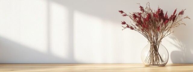 Fototapete - Dried red grass in glass vase on table with white walls and acacia flooring providing empty space for text or design elements