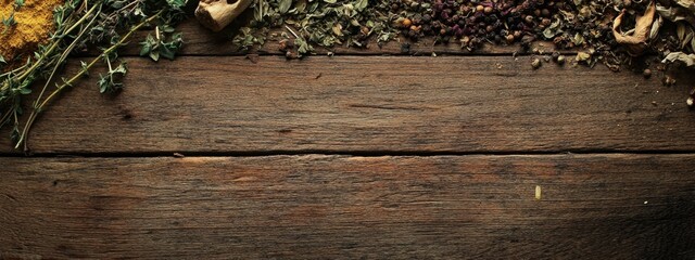 Aufkleber - Dried herbs and spices on rustic wooden table with vintage aesthetic and ample empty space for text or design elements.