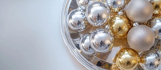 Aufkleber - Elegant top view of a decorative plate featuring silver and gold Christmas ornaments with ample blank space for seasonal text or messages