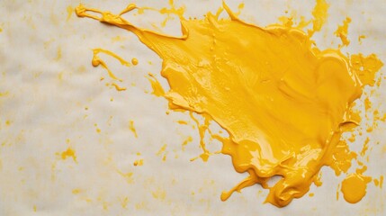 Poster - Vibrant yellow paint stain on fabric top view artistic abstract background with colorful splatter texture and grunge effects.