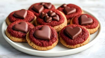 Wall Mural - A clear arrangement of red velvet cookies topped with heart-shaped chocolate pieces, styled on a white ceramic plate