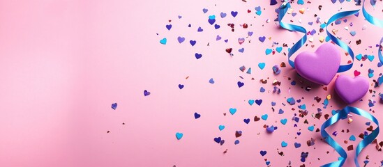 Poster - Valentine's Day festive background with pastel lavender heart confetti and colorful streamers on pink backdrop space for text and message