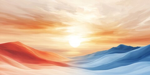 Wall Mural - a serene landscape featuring soft, flowing hills in shades of red and blue under a bright, warm suns