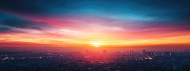 Fototapete - Vibrant Sunset Over City Skyline with Silhouetted Buildings and Expansive Copy Space for Text