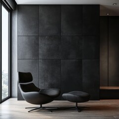 Aufkleber - Elegant Black Wall Texture Backdrop for Contemporary Room Design Featuring Modern Chair and Ample Copyspace for Text Display