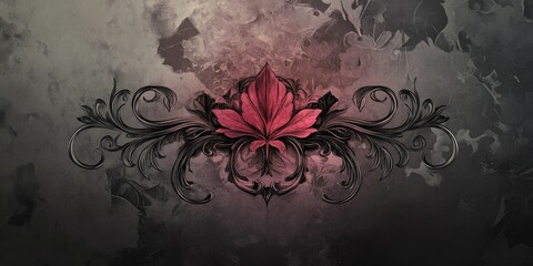 Leinwandbilder - Elegant floral design with intricate dark motifs and a central red leaf, perfect for backgrounds or text overlays in sophisticated contexts.