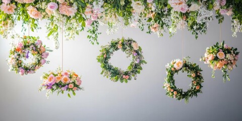 Fototapete - Floral chandeliers adorned with hanging wreaths and suspended flowers creating a whimsical atmosphere with ample empty space for text