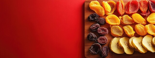 Leinwandbilder - Dried fruits display on wooden board with vibrant red background and ample space for text and marketing messages