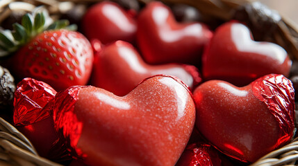 Wall Mural - A close-up of heart-shaped strawberry toffees wrapped in red foil, styled in a wicker basket with decorative accents
